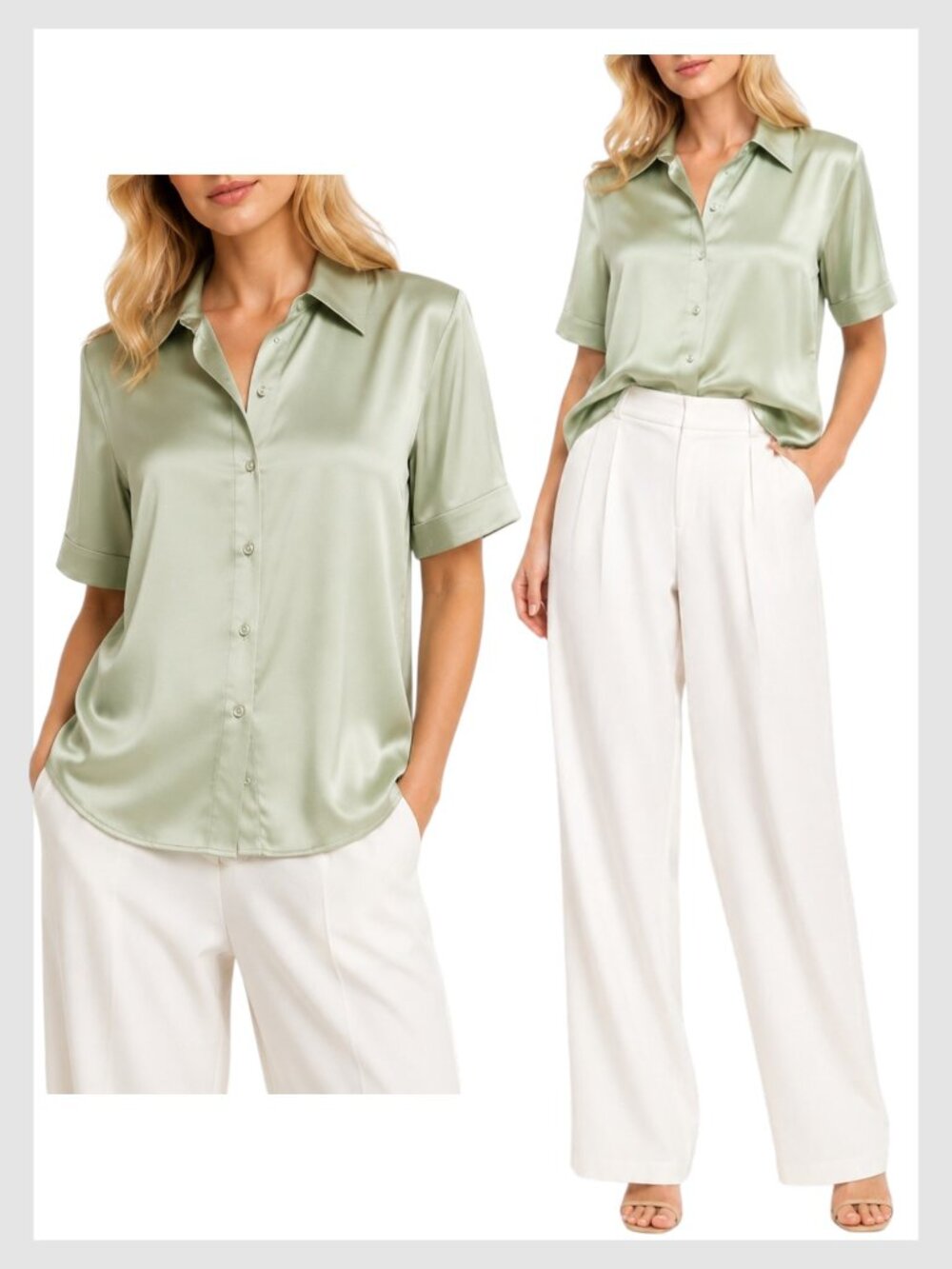 L’AGENCE Ellah Silk Blouse Olive Satin Button Front S